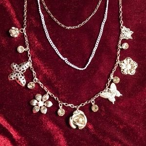 Layered Necklace Butterfly Flower Earrings Set
